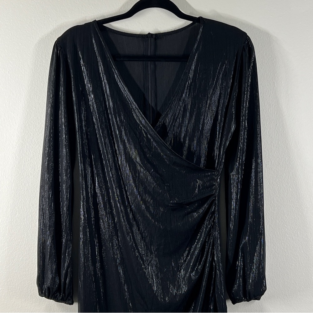 Shimmery Party Cocktail New Years Black Dress V Neck Long Sleeve Mini Dress